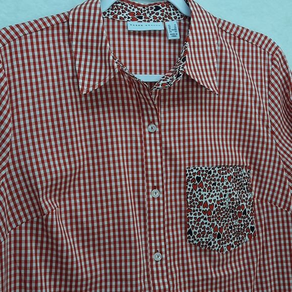 Susan‎ Graver Shirt Womens 8 Gingham Plaid Button-Down Red w/ Hearts - Picture 2 of 8